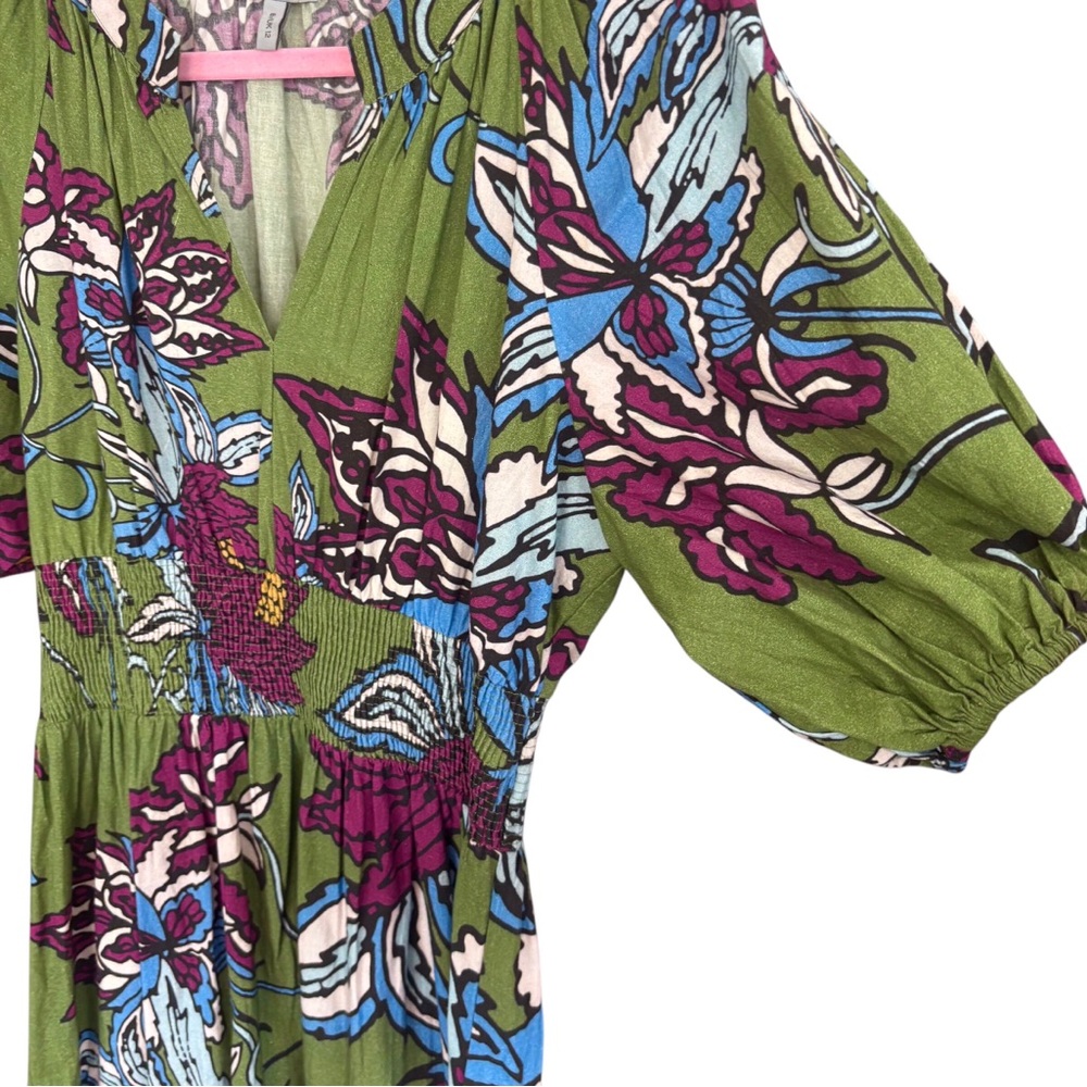 Green Floral Midi Dress with Puff Sleeves - Picture 8 of 16